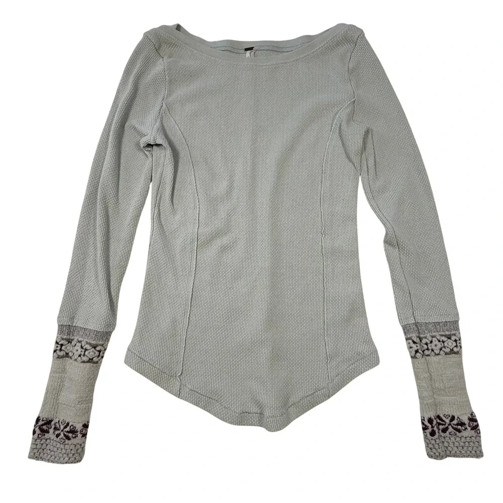 Free People Rosey Thermal Top Light Blue Waffle Knit‎ Embroidered Cuff Size Med